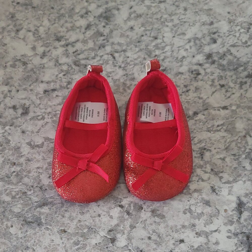 Cat & Jack Red Glitter Baby Shoes 0-3M Mary Jane Bow Holiday Dress Flats